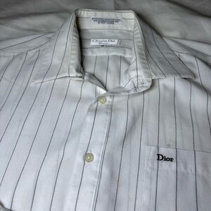 CHRISTIAN DIOR Chemises Pinstriped Womens Dress Shirt Size 18 White Vintage